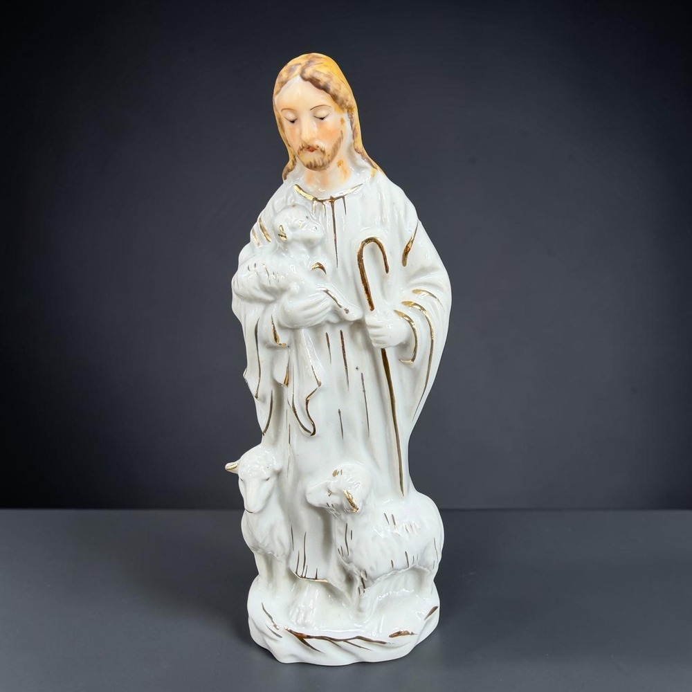 Vintage Paulux China Japan Jesus Good Shepherd Porcelain Figurine Gold Gilt 7in